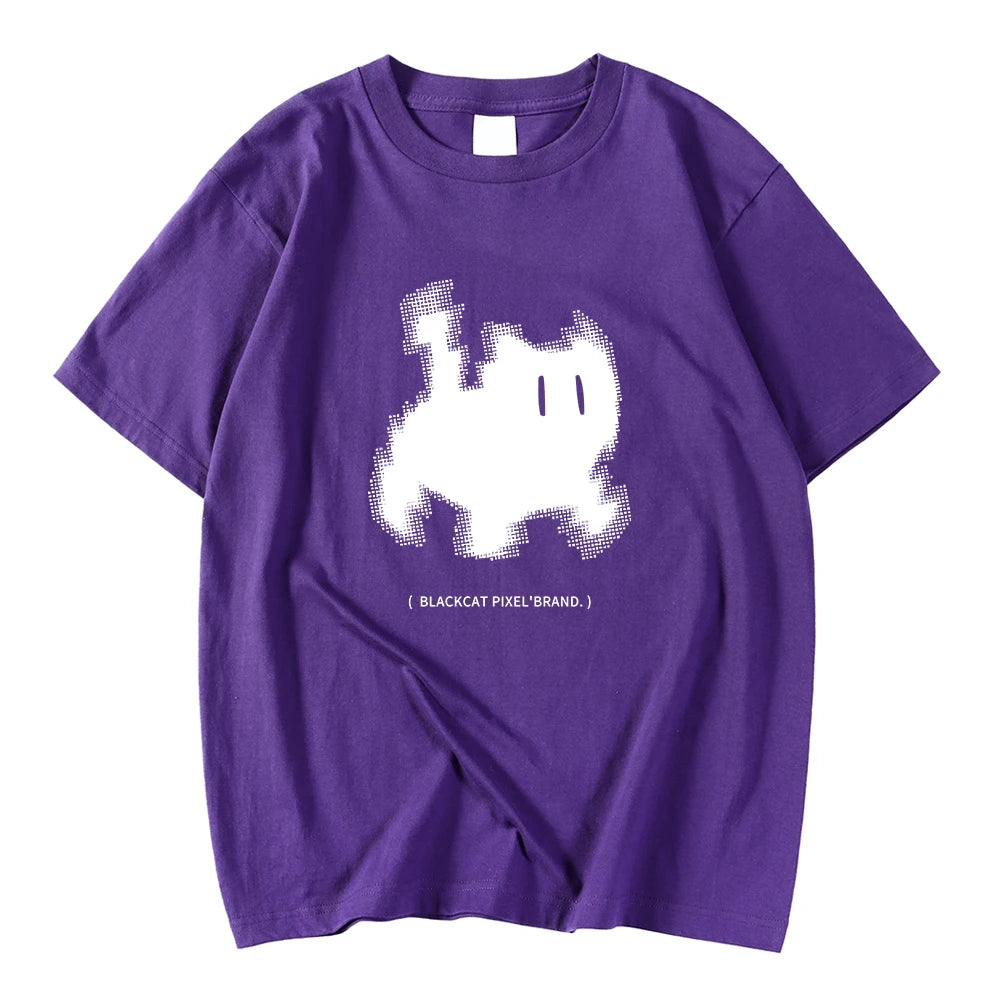 Koreanska mode kvinnors t-shirts svart katt pixel tecknade tryck toppar bekväma mjuka o-hals lösa korta ärm kvinnliga kläder