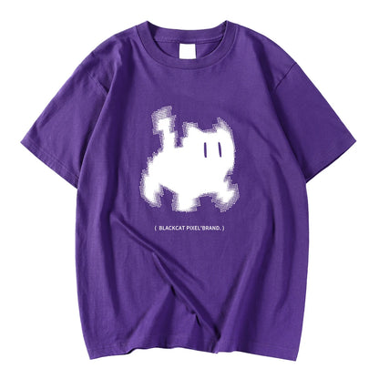 Koreanska mode kvinnors t-shirts svart katt pixel tecknade tryck toppar bekväma mjuka o-hals lösa korta ärm kvinnliga kläder
