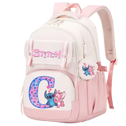 Stitch Angel Backpack Girls Disney Anime Letter A-Z Schoolbags Student School Shoulders Bag Outdoor Sport Travel Rucksack Gift