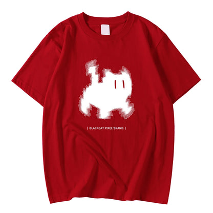 Koreanska mode kvinnors t-shirts svart katt pixel tecknade tryck toppar bekväma mjuka o-hals lösa korta ärm kvinnliga kläder