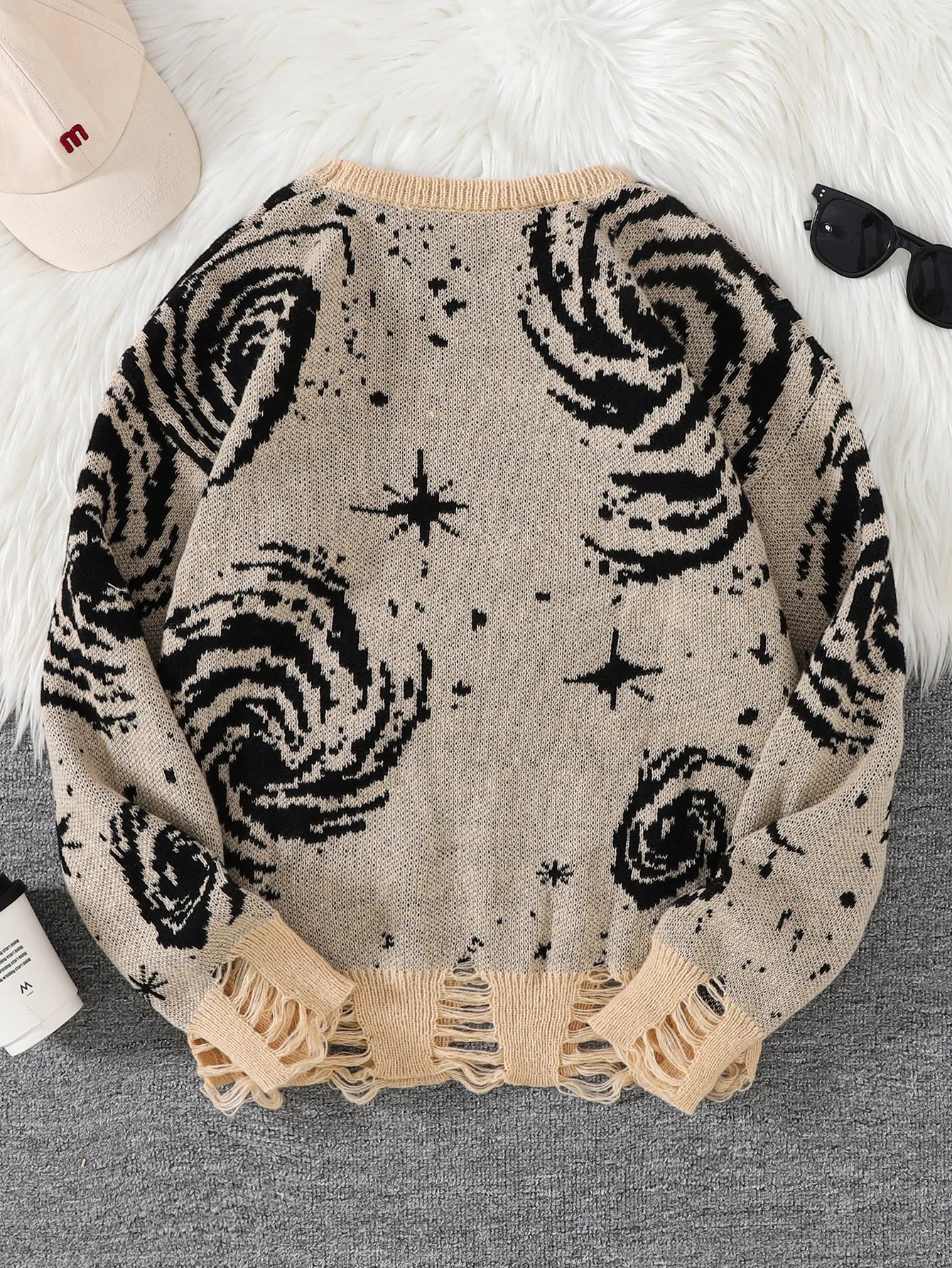Novo Popular Street Ripped Ripped Starry Sky Padrão Pullover rasgado suéter casual Round Neck Knit