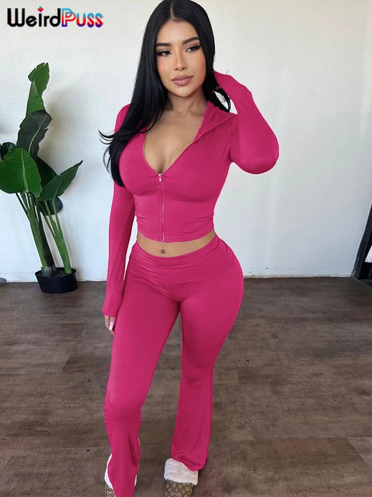 Rare Puss Casual Sporty 2 -delige set tracksuit dames met capuchon Zip Jacket+Flare broek stretch activiteit streetwear matching outfits