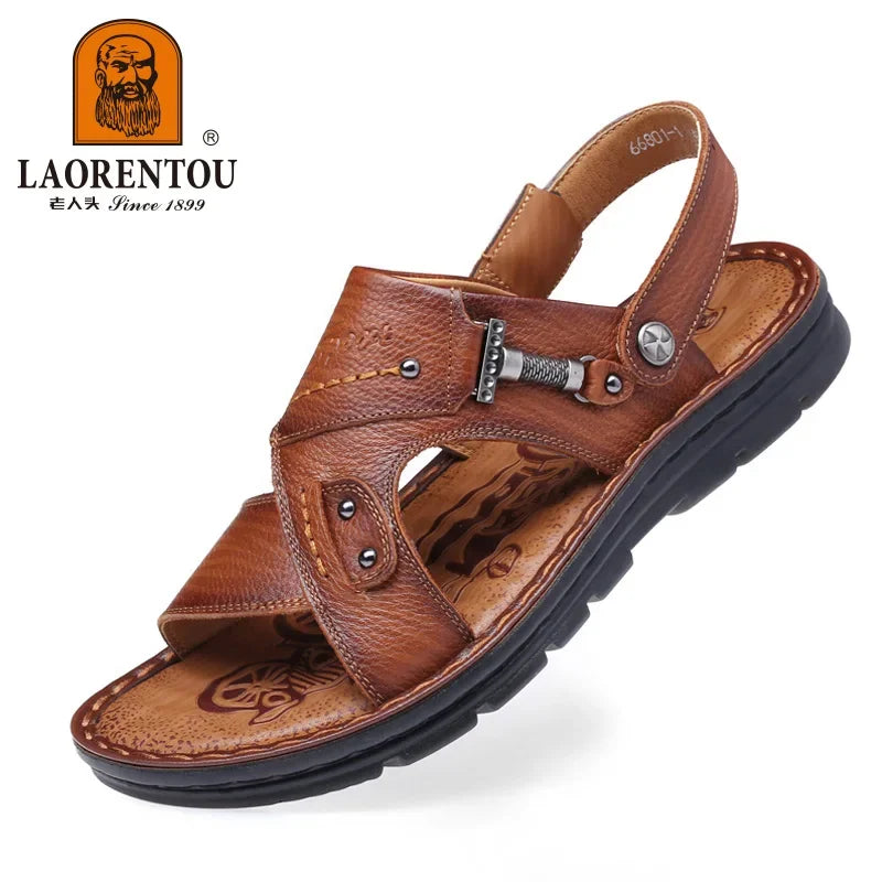 Laorentou lederen mannelijke sandalen casual strandschoenen dragen niet-slip sandalen en sliers koehide