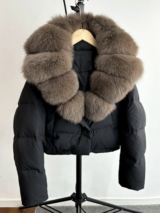 Janveny Big Natural Fox Fur Coat Women 2025 Autumn Winter Female Parkas 90% White Duck Down Jacket Feather Short Puffer Coat