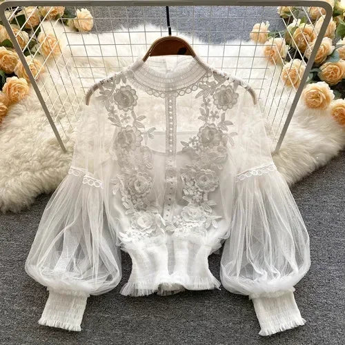 Čipka puff dugi rukavi bluza vintage modne bluze elegantne femme blusas korejske žene vrhovi žene majice odjeća Dropshipping