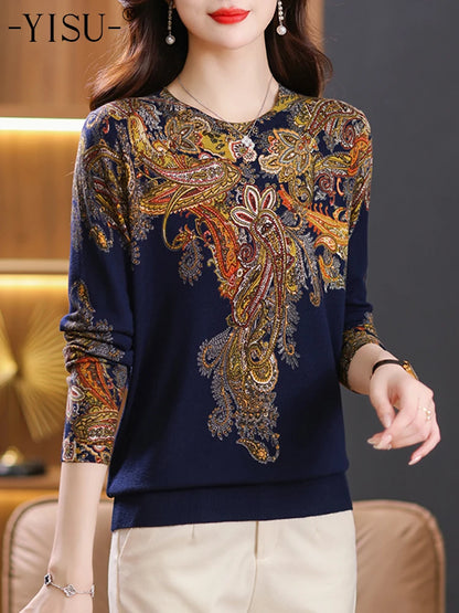 YISU 2023 Fashion Printed Sweater Pullover Women Autumn Winter Soft Loose O-Neck Long Sleeve Knitted Jumpers Sweater Women