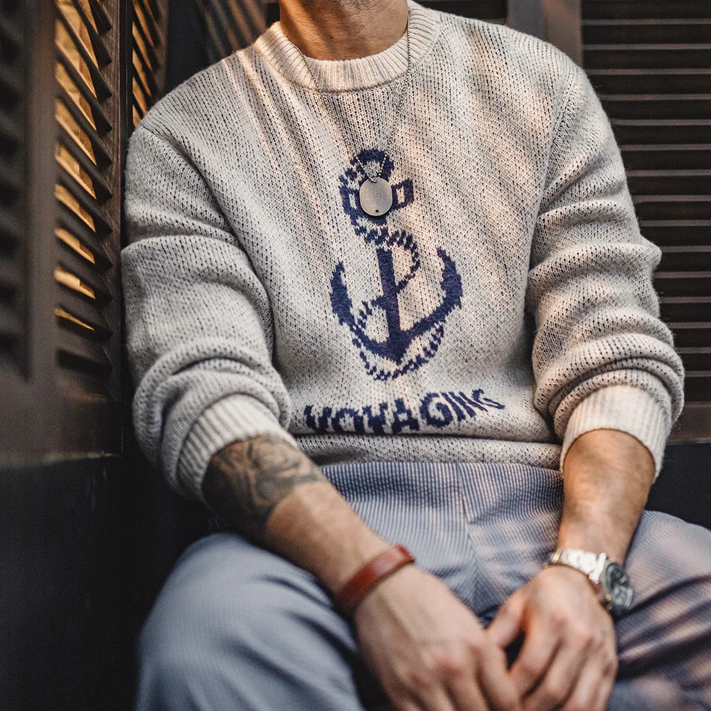 Maden retro gebreide bedrukte trui veelzijdige warm geribbelde ronde nekvulling voor heren herfst en winterbasislaag tops
