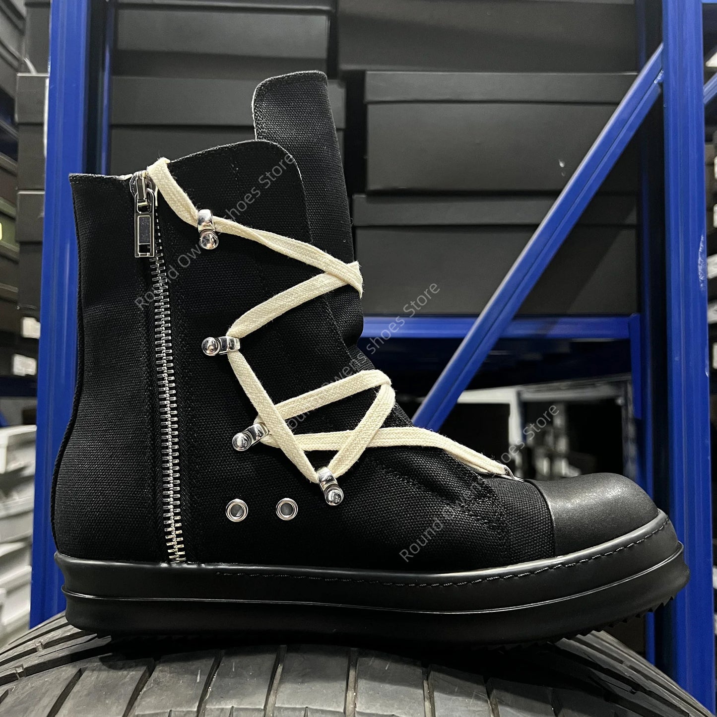 Casual skor män mode par ro hexagon lyx designer tjock sula svarta kvinnor platt zip ankel stövlar hög topp duk sneakers