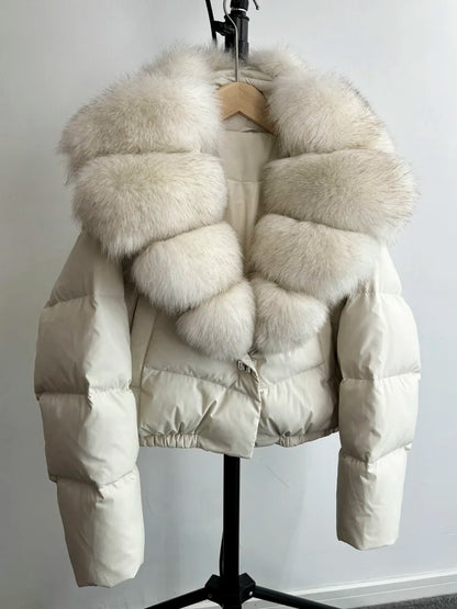 Janveny Big Natural Fox Fur Coat Women 2025 Autumn Winter Female Parkas 90% White Duck Down Jacket Feather Short Puffer Coat