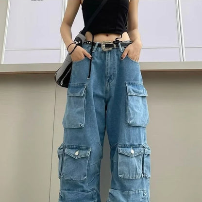 Trendowa dżinsowa odzież robocza | Street Style Black & Grey Multi-Pieszeńskie dżinsy | American Casual High Pary Funkcjonalny projekt
