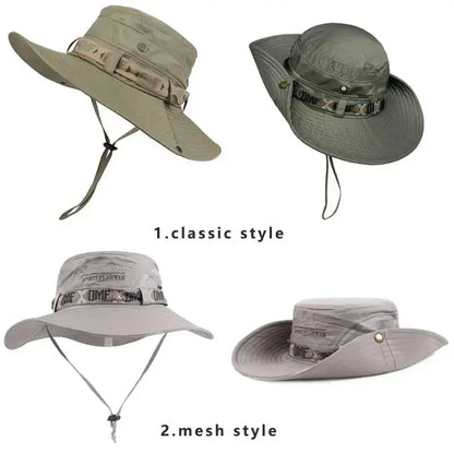 Sommer Männer Eimer Hut Outdoor UV Schutz Weites Schwim Panama Safari Jagd Wanderhut Mesh Fisherman Hut Strand Sonnenschutzmütze