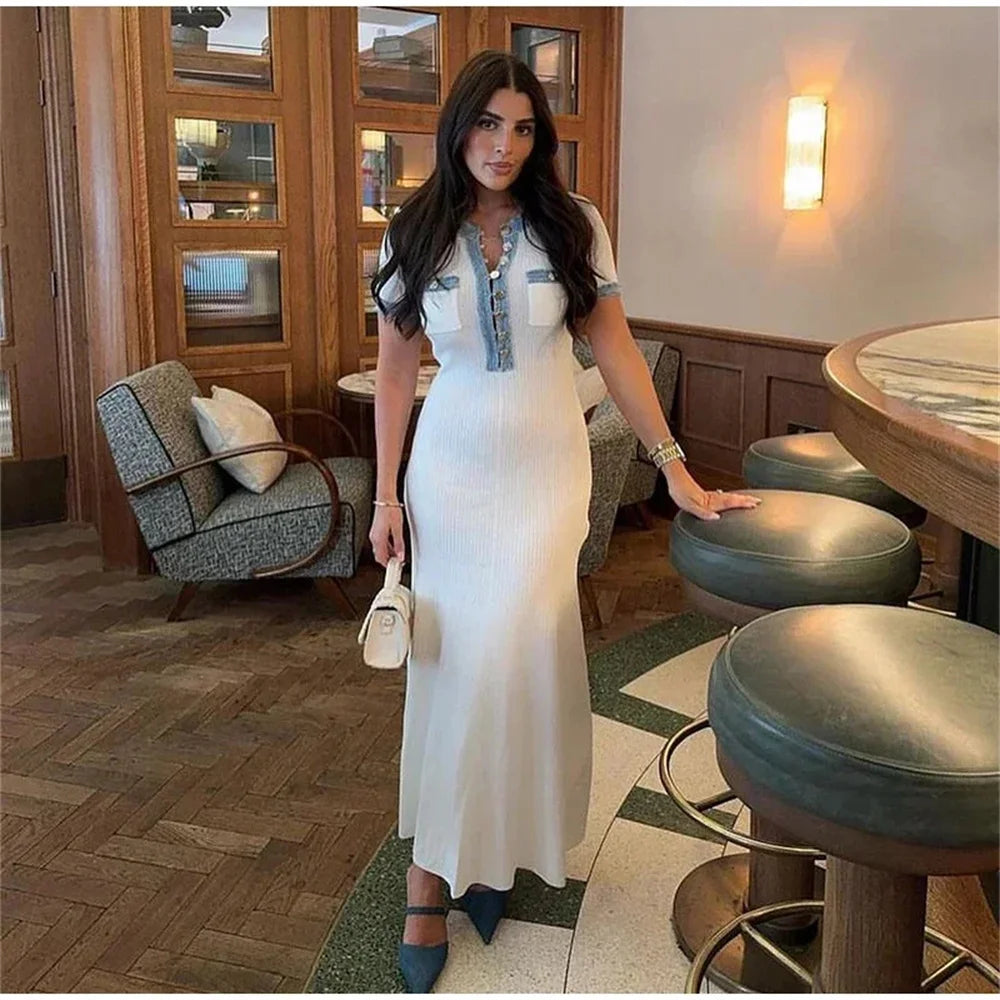 Elegant kontrasterende kvinder strik maxi kjole chic o-hals kortærmet metal knapper bodycon kjoler kontor dame pendler kjortel
