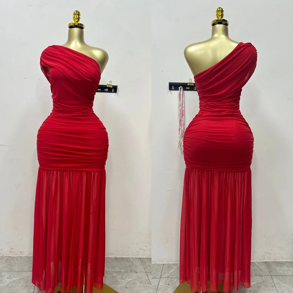 Stilvoller Abend sexy Club Party Urlaub Maxikleid für Frauen elegant schief hals ein ärm von schulter messch schlitz long kleider