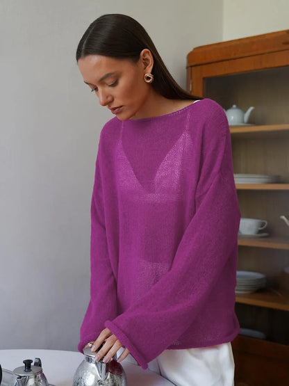 Talenza Hollow Knitted Sweater Pullover Women's Solid See-through O-Neck Long Sleeve Knitted T-Shirt Loose Casual Pullover 2025