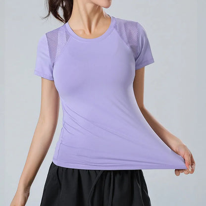 Pofybofy Mesh Stitching Reflectiv Strip Back Dry Dry Elastic Elastic Respirabil de bază cu mânecă scurtă cu mânecă Yoga Tricou Femei Gimnastică Fitness Top