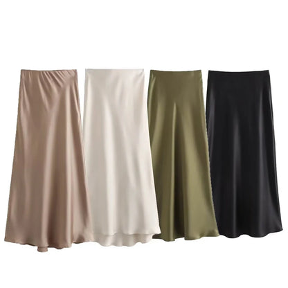 HXAO Women's Satin Long Skirts Black White Green Khaki Skirt Summer Elegant Women's Skirts Luxury Smooth High Waist Skirts 066
