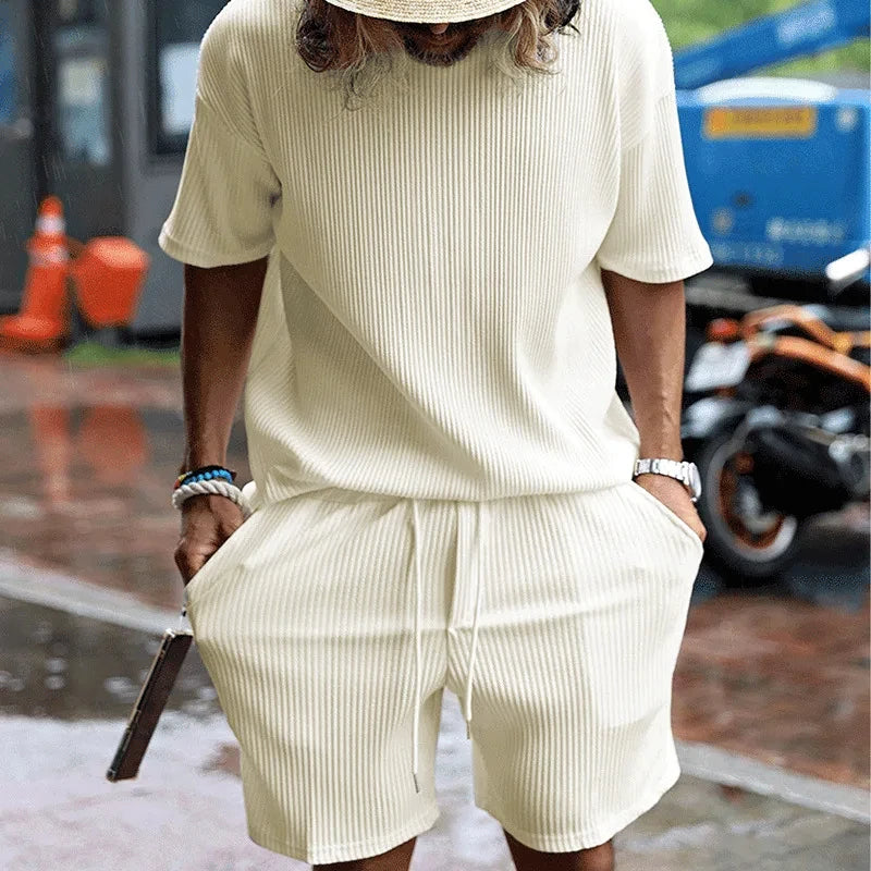 2025 Men's Summer Sports Casual Solid Color Striped Suit Loose Crew Neck Short-sleeved Drawstring Shorts Two-piece Set