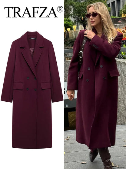 Trafza Women Fashion Burgundy Wełniany płaszcz podwójnie piersi Long Mieszanie Lapel Kurtka Jumn Winter High Street Onymiza
