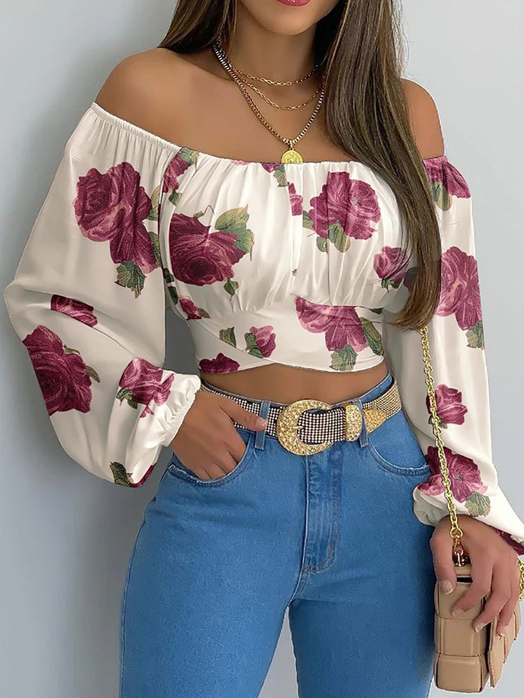 Frauen sexy Off Schulterbluse Chic und elegantes Drucklaterne Langarm Langarm Schnürbeuge geschnittene Tops Casual Slim Shirts 2024