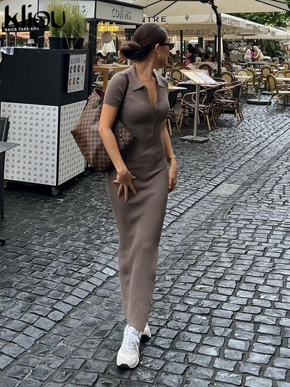 Kliou elegante escritório senhora maxi vestido mulher mulher sólida gola giratória de gola curta manga curta fenda lateral manto de rua em forma de corpo