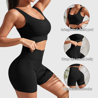 Seamless gerippte Yoga -Sets Trainingssets für Frauen 2 Stücke Fitnessstudio -Anzüge gerippte Crop Tank High -Taille -Shorts Outfits Fitness Running