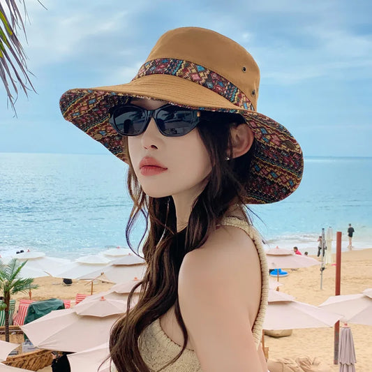 Summer Bucket Hat Women Wide Brim Sun Hat Fisherman Cap Sunscreen Ethnic Retro Cowboy Hat Lady Cloth Foldable Sunhat Outdoor