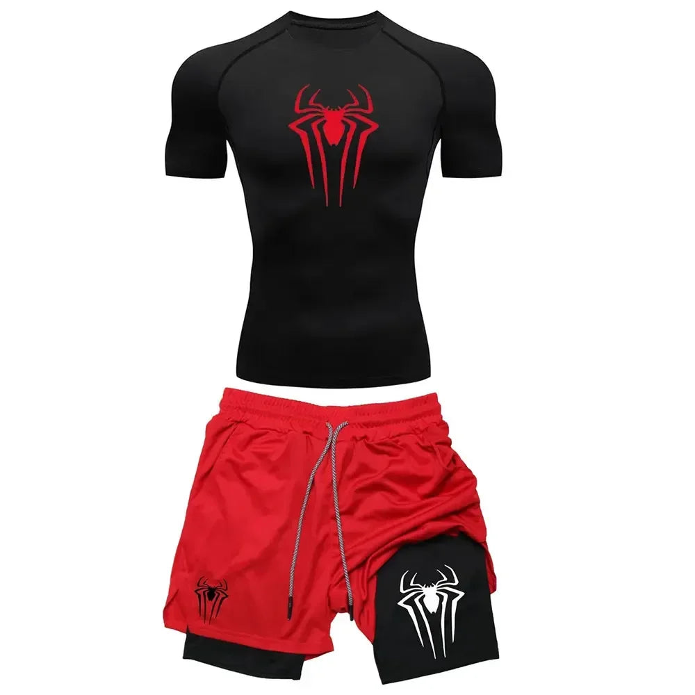 Herrträningskomprimering set y2k spindel tryckt gym tshirts andningsbara löpning shorts snabb torr sport utslag skydd sportkläder set