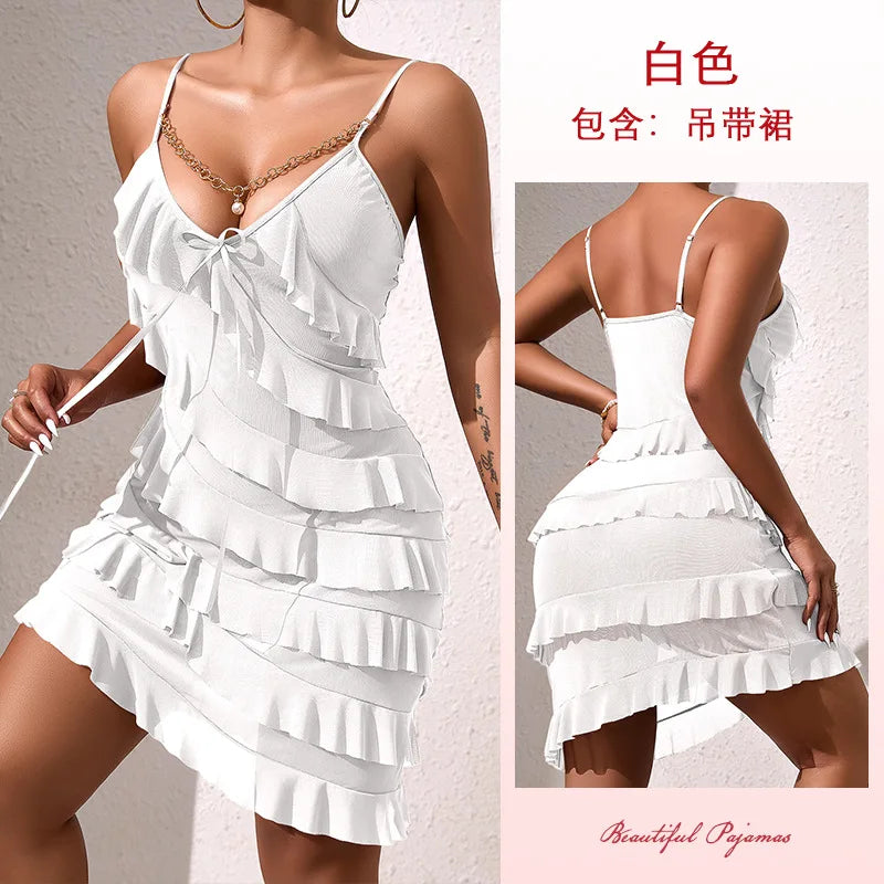 Sexy Night Dress Multi Layered Ruffles Pajamas Dress Golden Chain Pearls Nightgown Mesh Suspender Nightie Home Wear Tiered Skirt