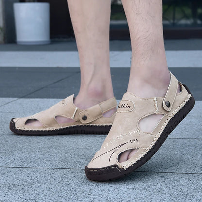 New Handmade Summer Sandals Men Breathable Leather Shoes Man Outdoor Men Sandals Antiskid Beach Sandals Hollow Shoes Fashion