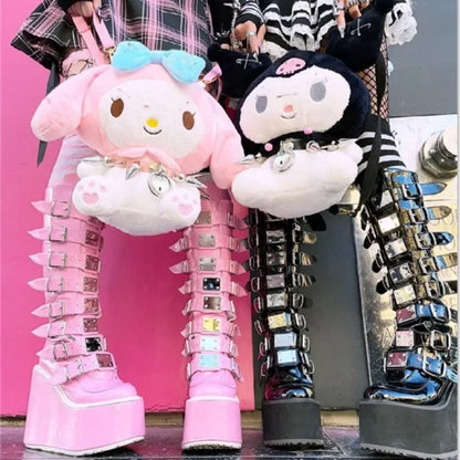 Kvinder støvler cosplay damer høj hæl platform kiler kvinder høje støvler gotisk spænde stropp lang rør læder kvindelige støvler plus SI