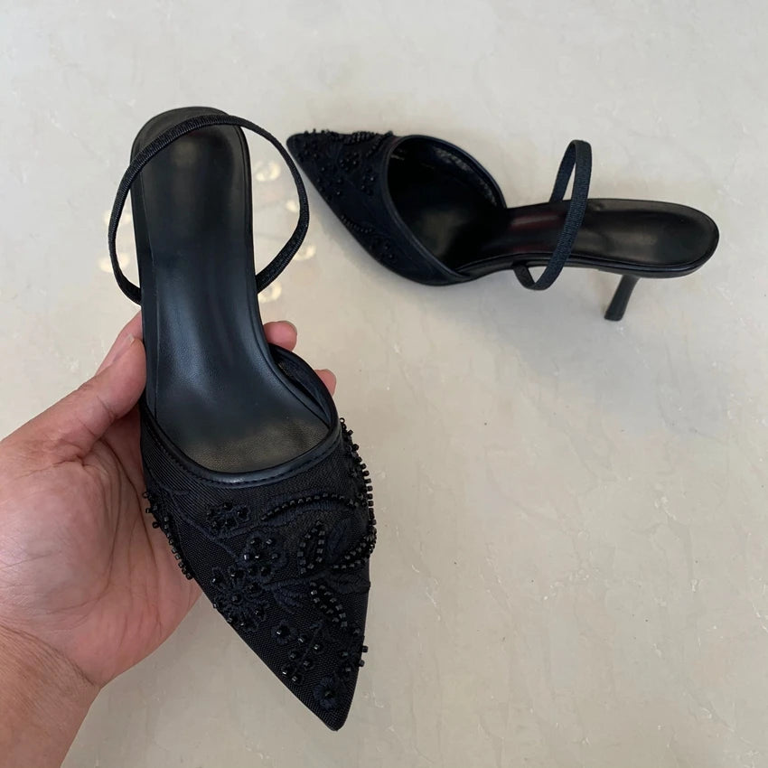Mesh Embroidered Women Sandals String Bead Thin High Heels Mules Shoes Pointed Toe Slingback Slippers Women Zapatos De Mujer