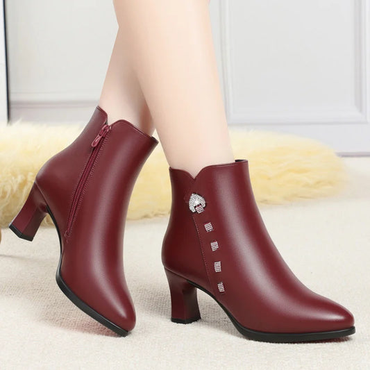 New Autumn Winter Soft Leather Rhinestones Cotton Shoes Woman Fashion Pointed Toe Elegant Comfortable High Heel Boots