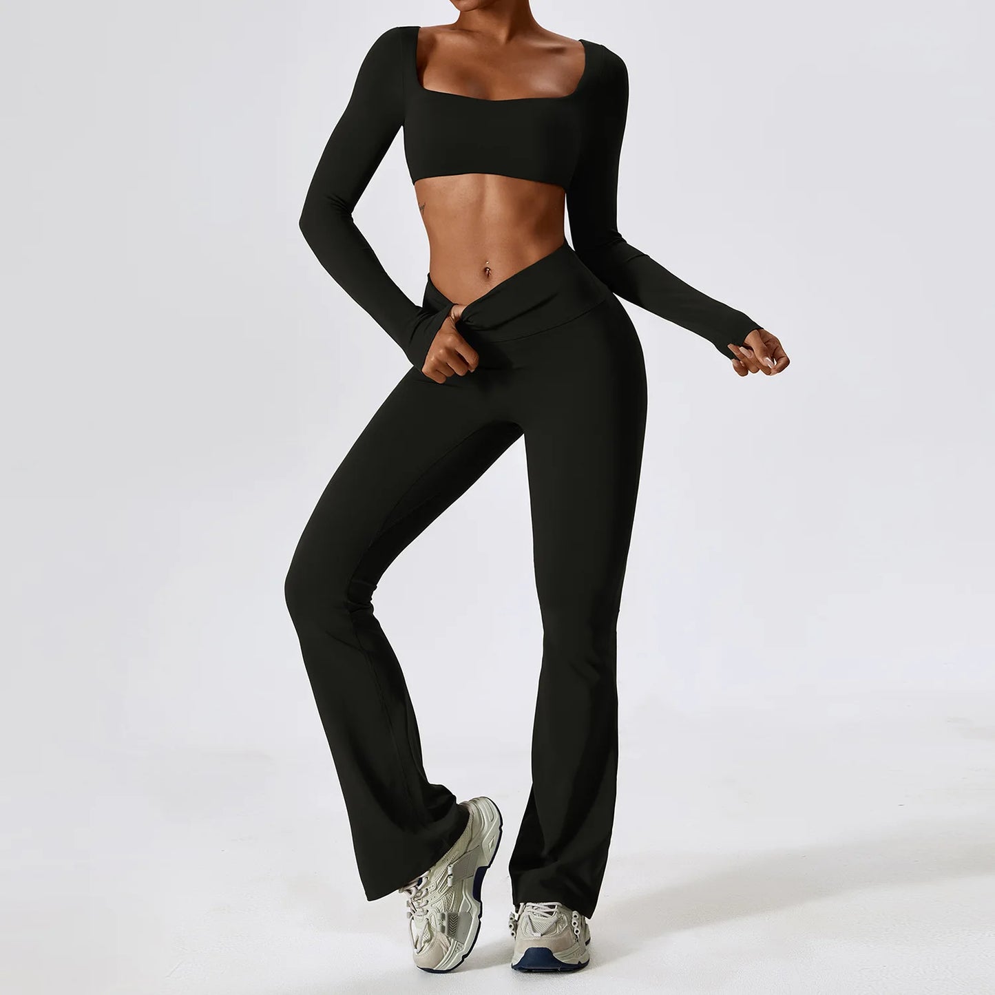Women Tracksuit Gym Yoga Suit 2PCS Tight Fitting Sports Set Workout Breathable T Shirts Bra Tank Top Loose Bell-bottoms Leggings