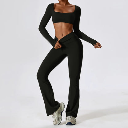 Women Tracksuit Gym Yoga Suit 2PCS Tight Fitting Sports Set Workout Breathable T Shirts Bra Tank Top Loose Bell-bottoms Leggings