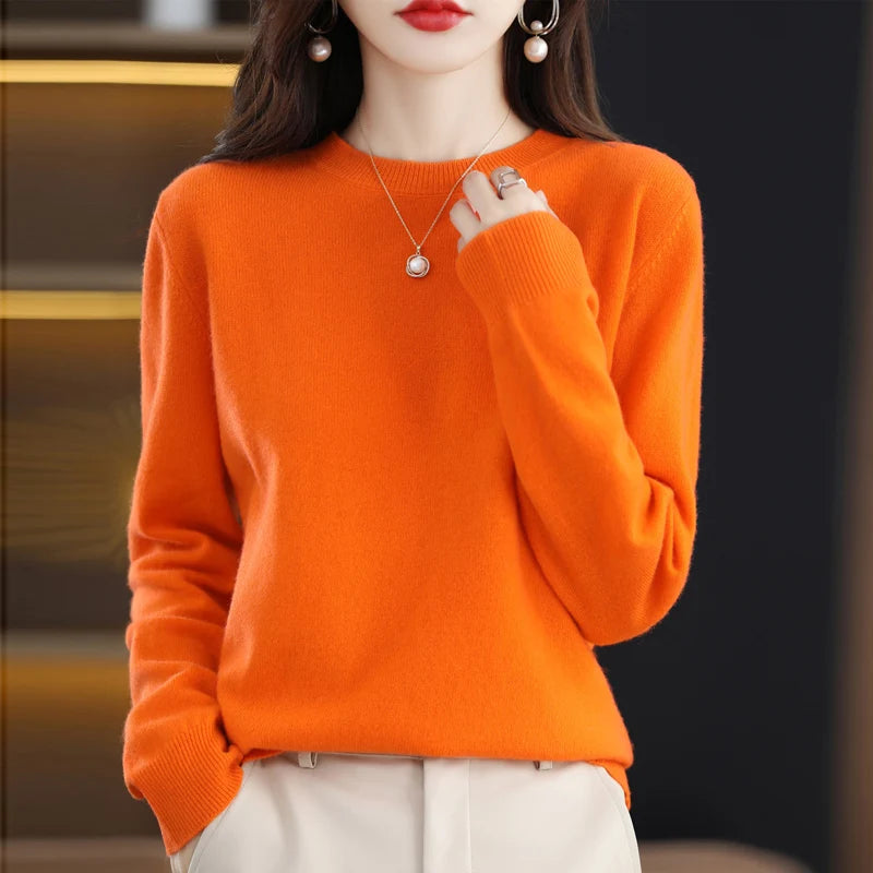 100% pure wool cashmere sweater women's O-neck pullover casual knitted coat autumn and winter women's coat basic 18 colors