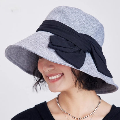 USPOP Elegant Wide Brim Cotton Linen Bucket Hat for Women Summer Sun Hat with Bow Foldable UV Protection Beach Hat
