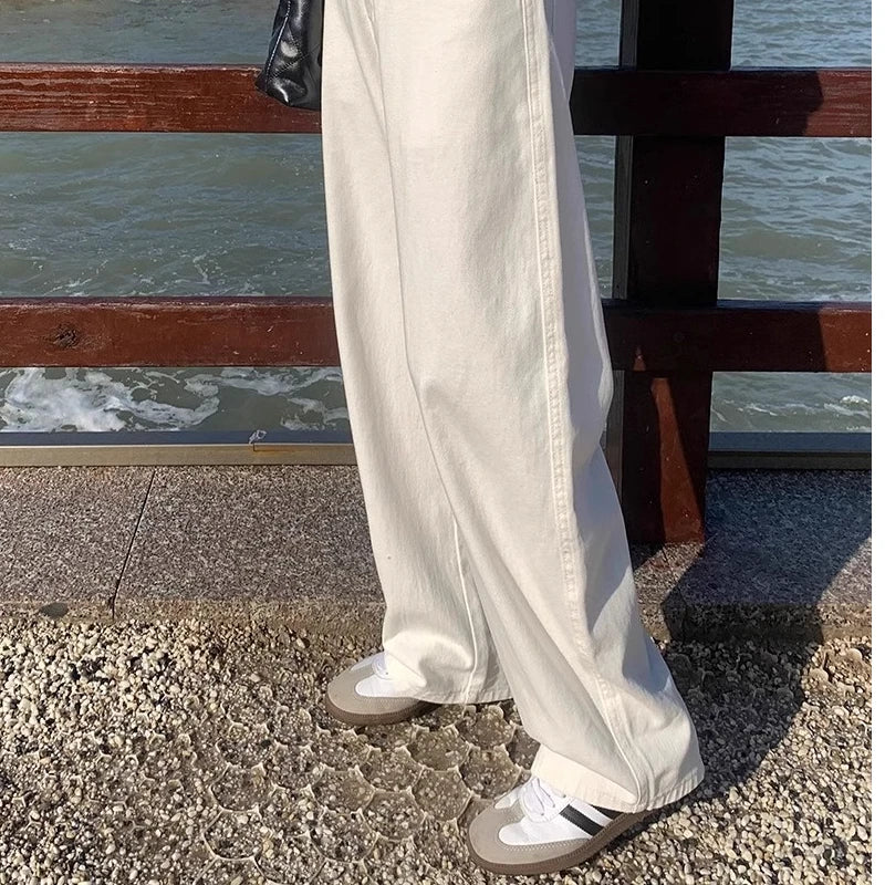 「MD」Loose White Wide Leg Jeans Women Drape High Waist Straight Wide Leg Pants Mopping Pants