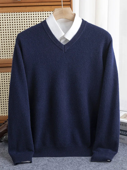 Men 100% Merino Wool Sweater V-Neck Pullover Autumn Winter Cashmere Warm Solid Knitwear Clothes Business Bottoming Soft Tops