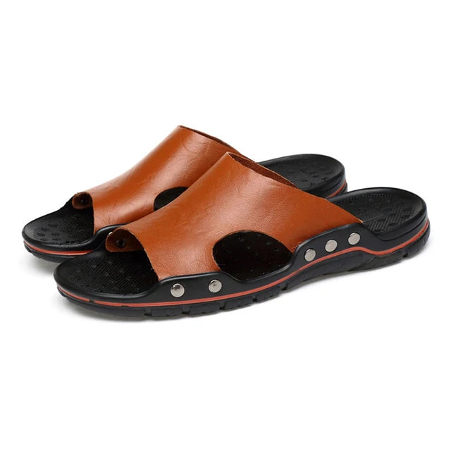 Zomer mannen slippers echt lederen ademende klompen sandalen strand klassiekers lederen glijbanen buiten slippers plus size heren schoen