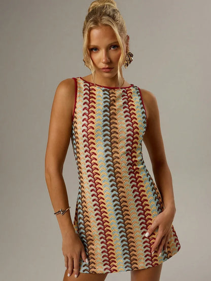 Unregelmäßiger gedruckter gestrickter Mini -Kleid für Frauen schicker Rückenfreier Schulter schlanker Fit Kleider 2025 Sommer Holiday Beach Roben