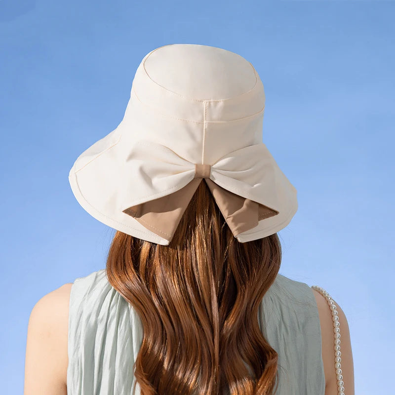 Women Summer Sun Protection Bucket Hat with Bow-tie Lady Elegant Sunscreen Beach Cap Outdoor Wide Brim Headgear Wholesale New in