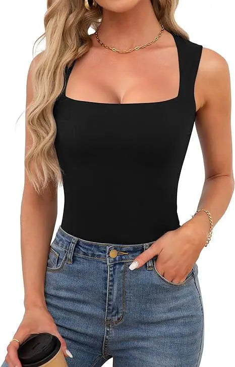 Kynþokkafull slimming t-shirts fyrir konur tísku ferningur háls ermalaus toppar harajuku skriðdreka kona föt frjálslegur toppur teigur götufatnaður