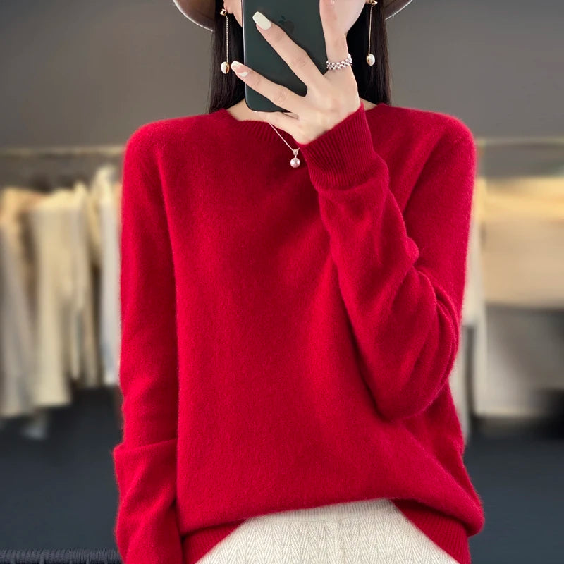 Autumn Winter 100% Merino Wool cashmere Sweater O-Neck Long Sleeve Cashmere Women Knitted Pullover Clothing Top