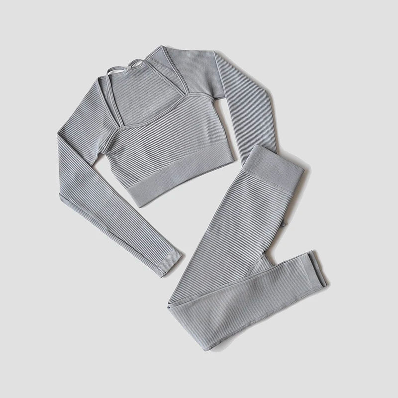 Women Yoga Set Gym Clothing Tracksuit Long Sleeve Crop Top One Shoulder Bra High Waist Seamless Leggings Fitness Sports Suits