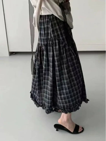 Retro Bla Plaid High Waist A-Line Midi Skirt Women's Summer New Sle Full Skirt Hem Lace Trim Umbrella Skirt