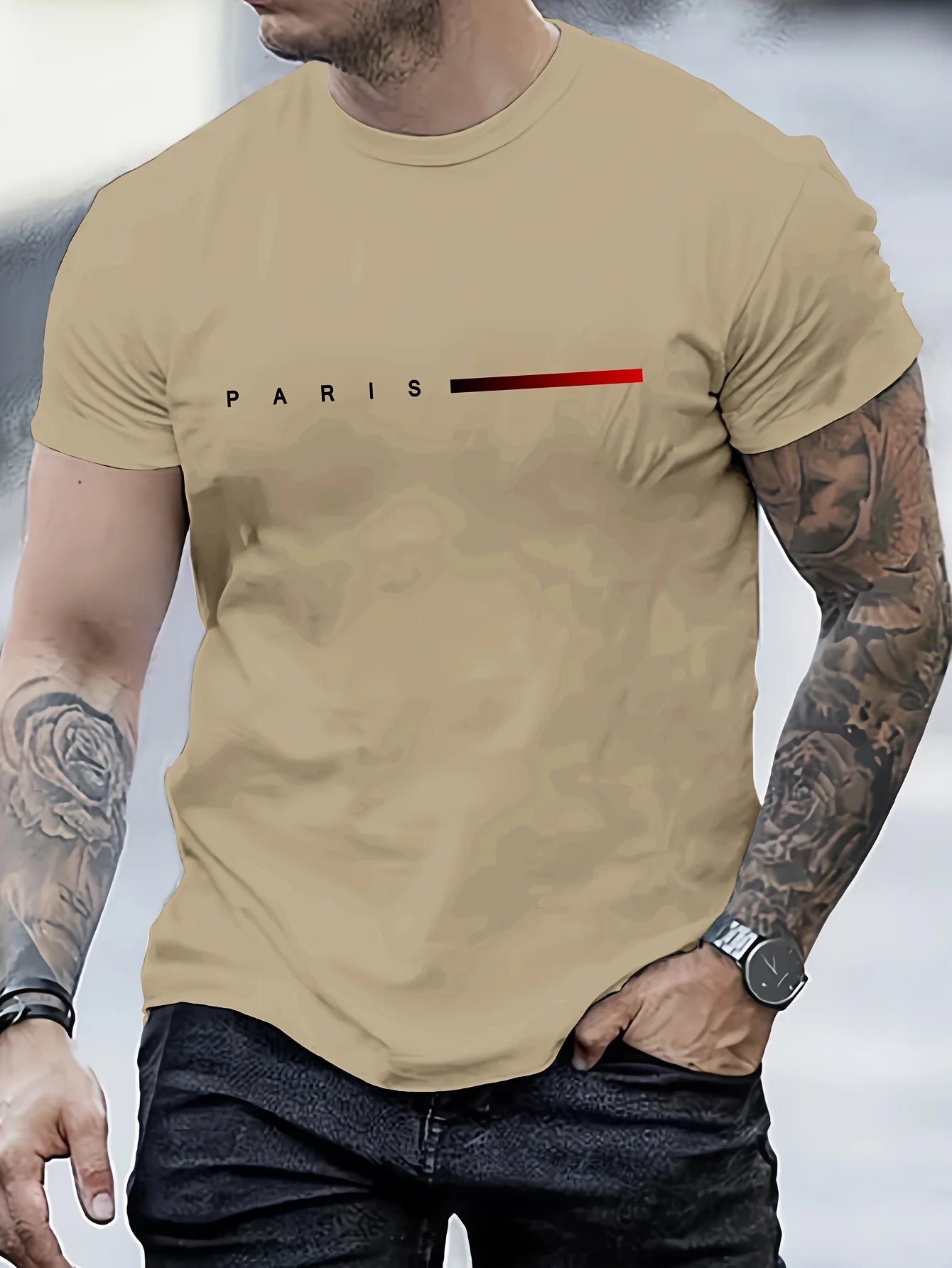Men's 100% Cotton Summer Loose Paris Creative Letter Impresión Casual Slim Fit Red Lim Camiseta Camiseta de manga corta Top