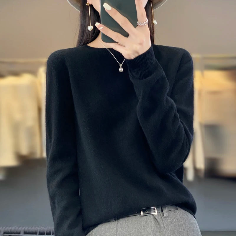 Autumn Winter 100% Merino Wool cashmere Sweater O-Neck Long Sleeve Cashmere Women Knitted Pullover Clothing Top