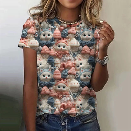 3D Printed Animal T Shirt For Women Cute Cat Pattern Short Sleeves Summer Loose Crew Neck Top Girl Tees Oversized Women T-Shirts