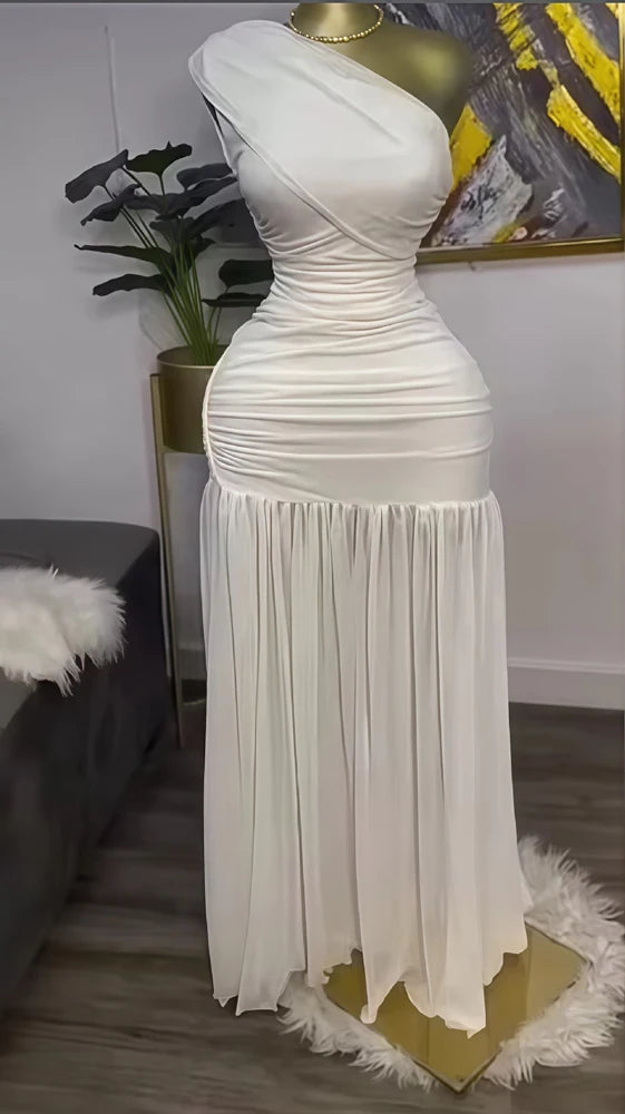 Stilvoller Abend sexy Club Party Urlaub Maxikleid für Frauen elegant schief hals ein ärm von schulter messch schlitz long kleider