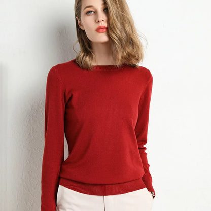 Women Slim O-Neck Solid Pullover Cashmere Wool Blending Sweater Autumn And Winter Long-Sleeved Knit Bottoming Shirt Large Size